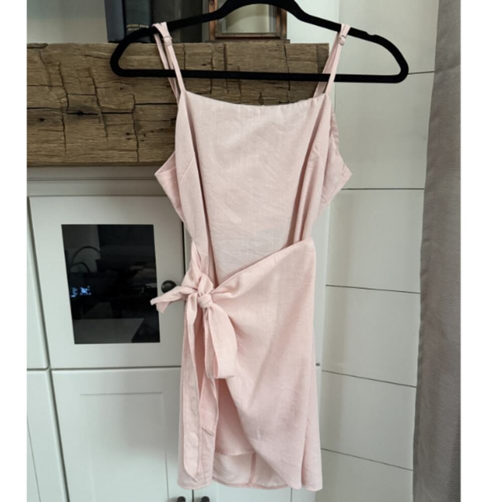 White Fox Wrap Mini Dress Blush Pink Linen Tie Waist Spaghetti Strap Size L
